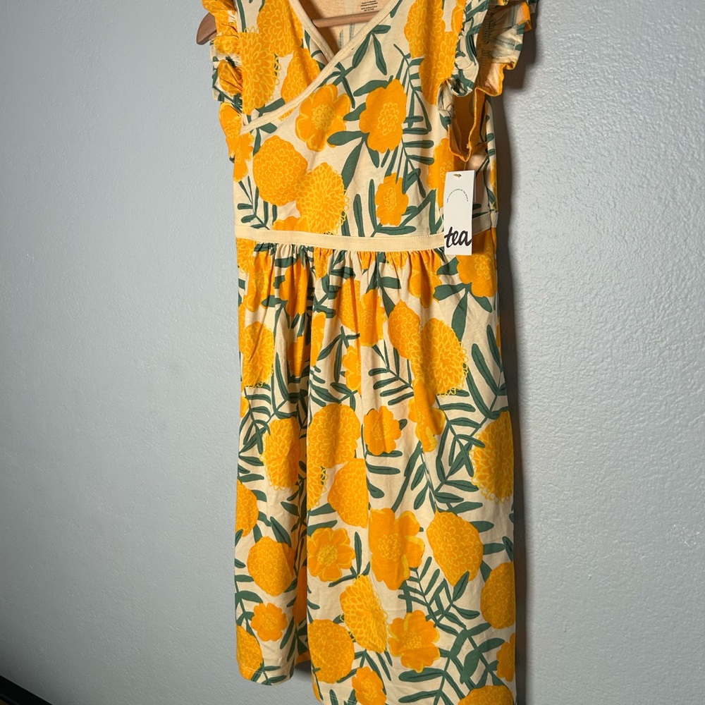 Tea Collection Wrap Neck Marigold Delight Yellow Floral Midi Dress cotton - Picture 3 of 12